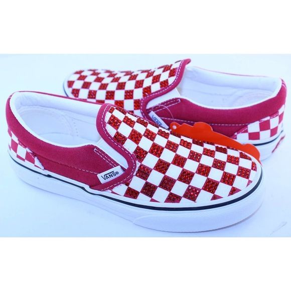 Vans Checkerboard Classic Slip-On Red White Crystal Sneakers Girls Size 2 M NEW - Picture 2 of 12